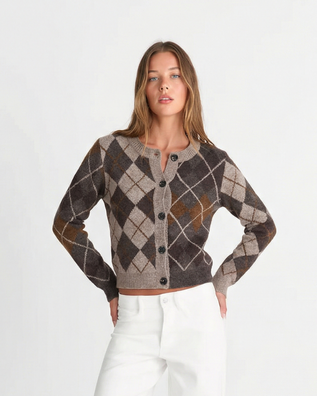 Ivy | Argyle Pattern Crew Neck Button Front Ribbed Trim Cropped Knit Cardigan