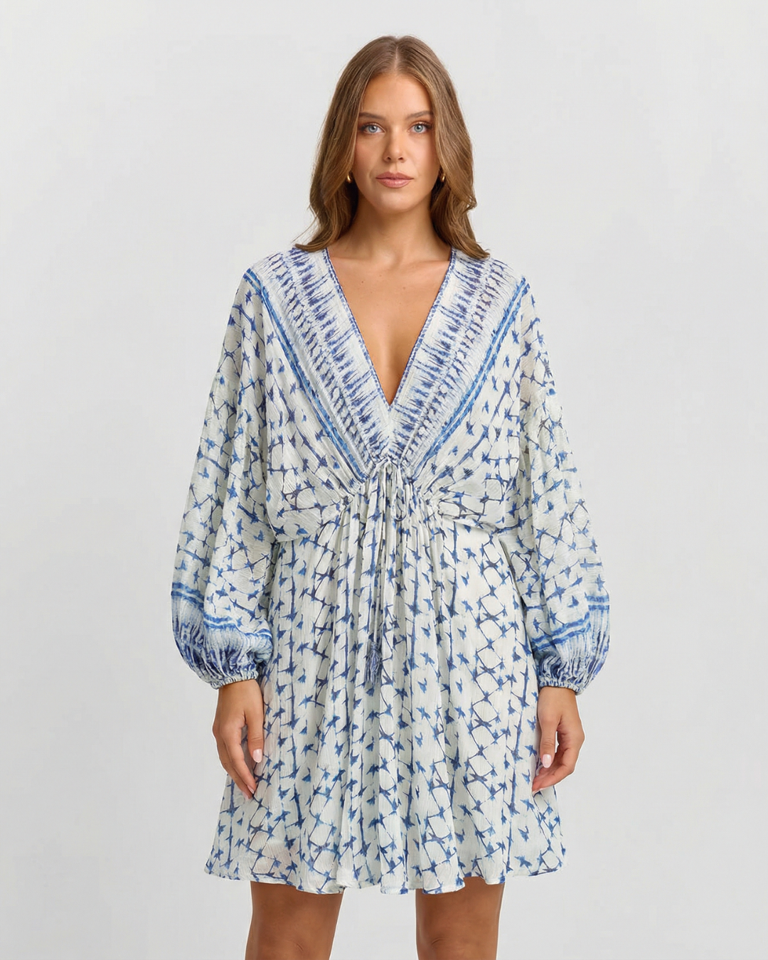 Ailsa | Tie-Dye Deep V-Neck Bishop Sleeve Mini Dress