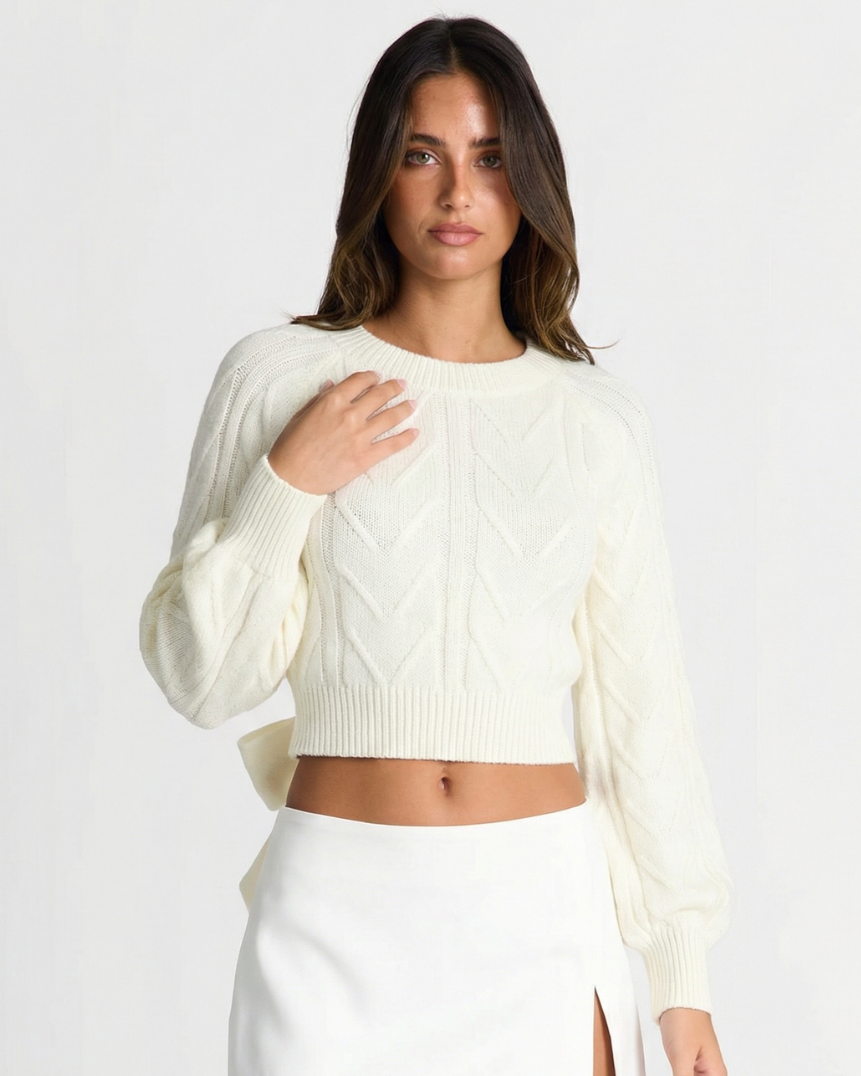Thea | Cropped Cable Knit Sweater Cream Long Sleeve Crew Neck