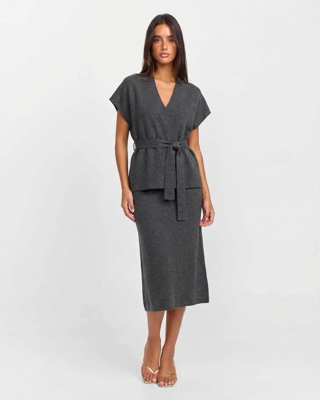 Erin | V-Neck Wrap Top Knit Midi Skirt Co-ord Set