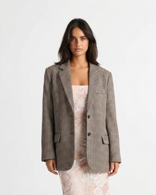 Vera | Oversized Houndstooth Blazer Beige Long Sleeve