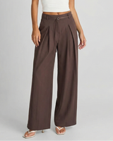 Ivy | High-Waist D-Ring Belt Deep-Pleat Wide-Leg Trousers in Brown
