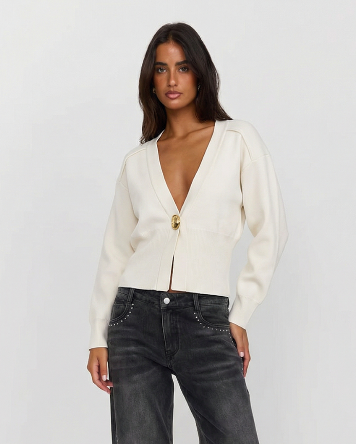 Ada | Deep V-Neck Gold Button Structured Shoulder Cropped Cardigan