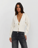 Ada | Deep V-Neck Gold Button Structured Shoulder Cropped Cardigan