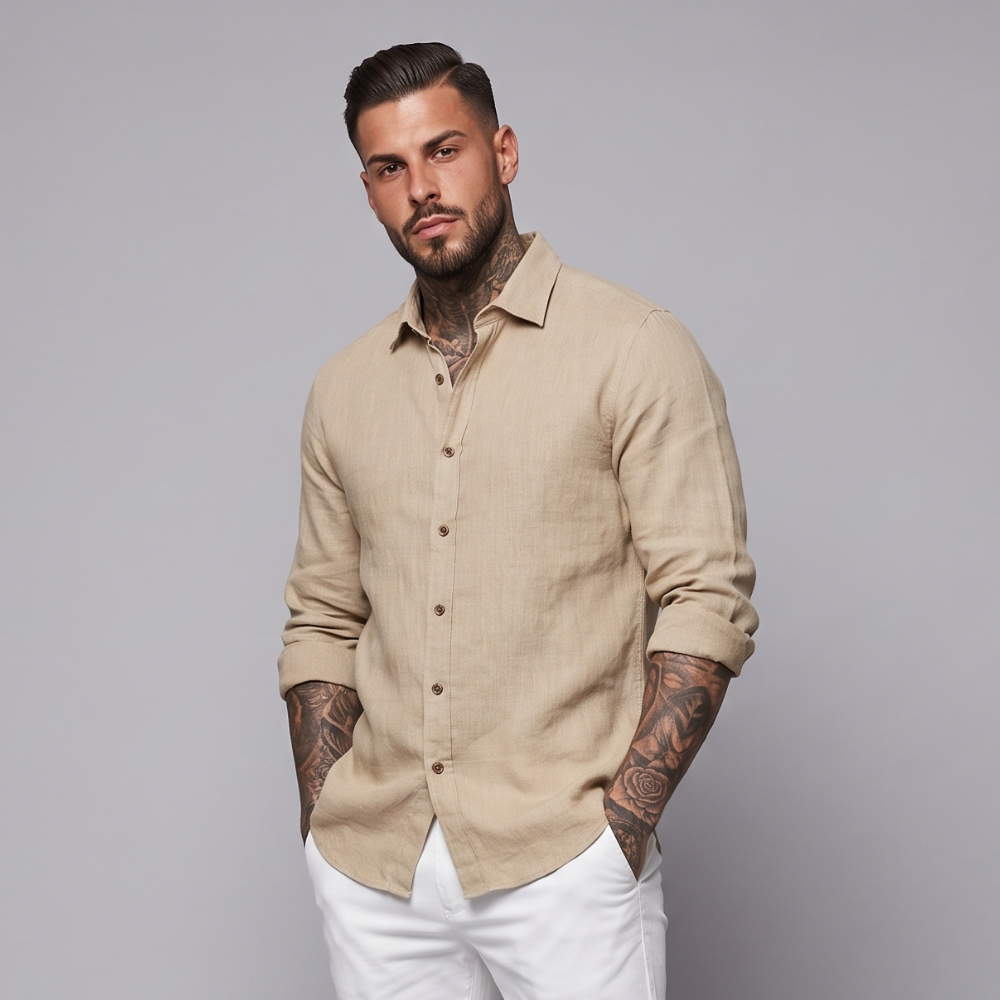 Brindley | Men's Linen Shirt Cream Long Sleeve Button Up