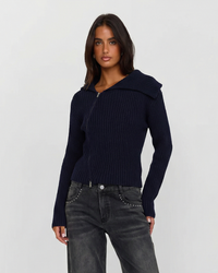 Hattie | Fold-Over Collar Asymmetric Zip Ribbed Knit Crop Top