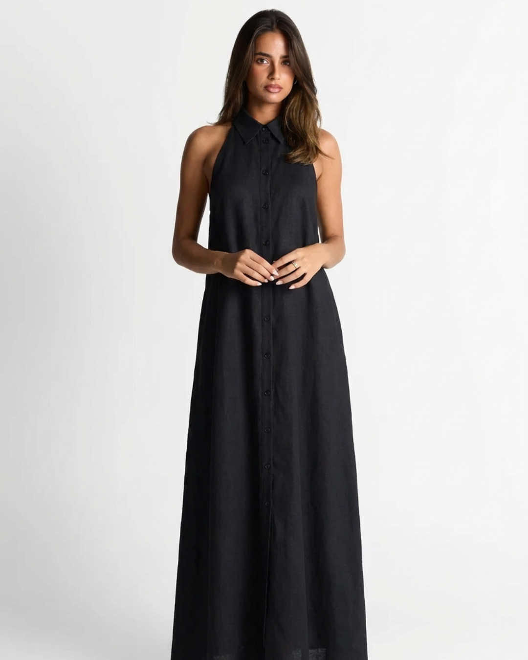 Rosa | Shirt Collar Halter Neck Button-Front Flowing Linen Maxi Dress