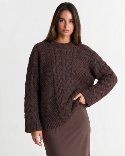Alma | Knitted Sweater Cable Knit Brown Crew Neck