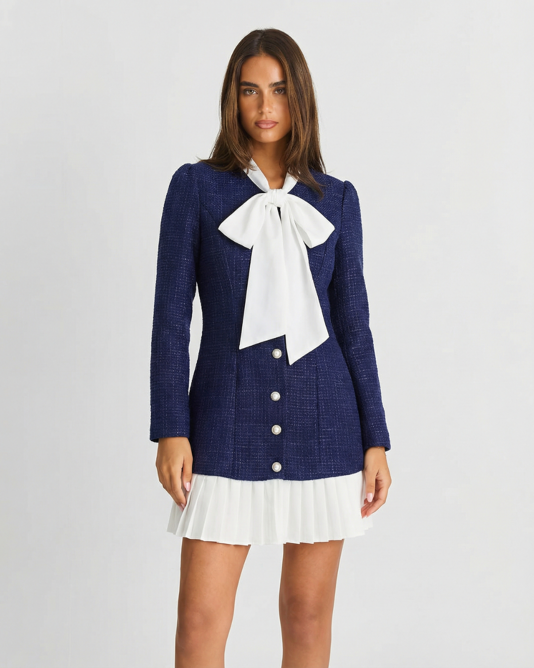 Seren | Pussy-Bow Neck Bouclé Knit Bodice Pearl Button Pleated Skirt Mini Dress