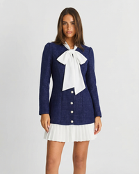 Seren | Pussy-Bow Neck Bouclé Knit Bodice Pearl Button Pleated Skirt Mini Dress
