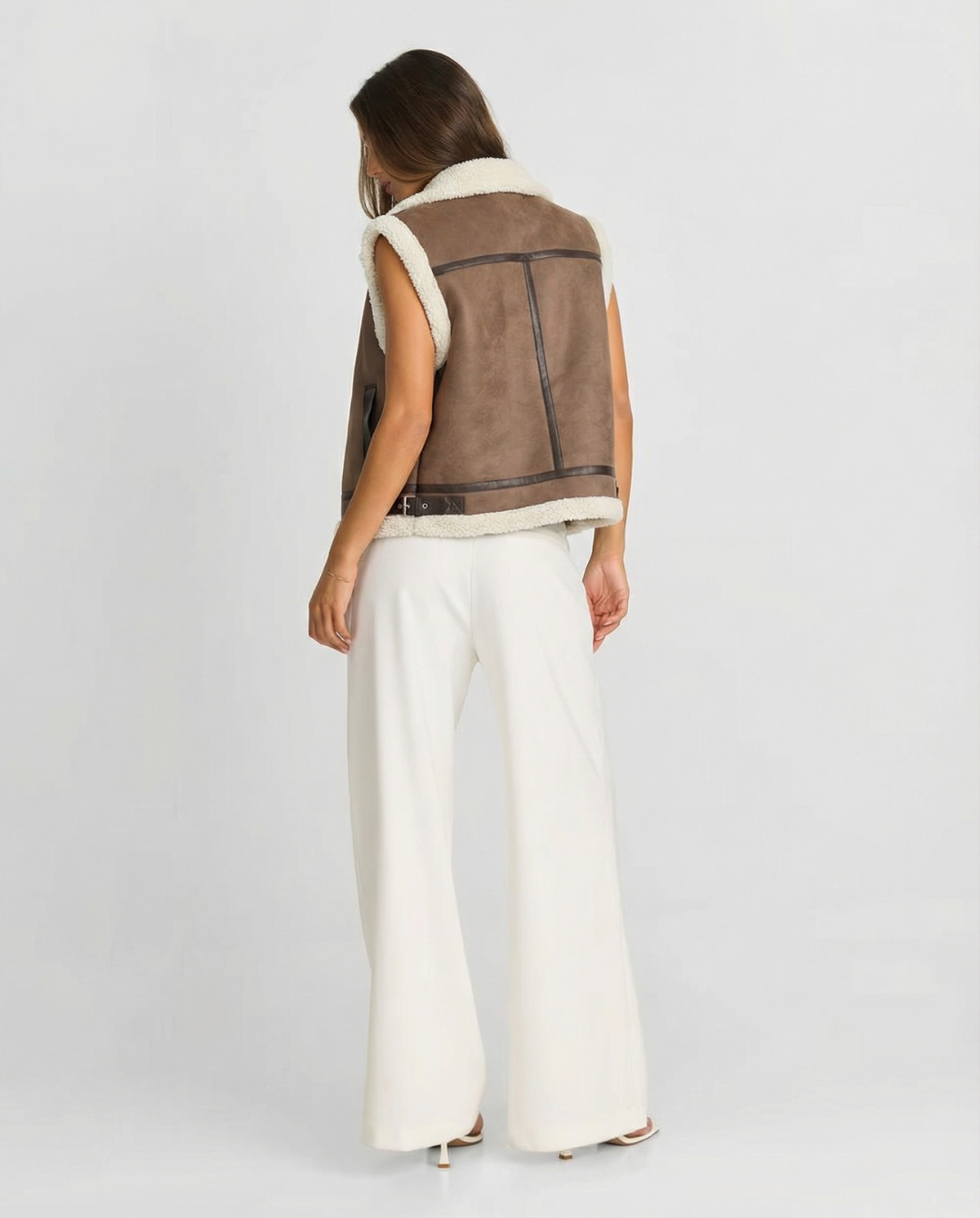 Vera | Faux Leather Sherpa Vest Brown Cream Sleeveless Zip Up