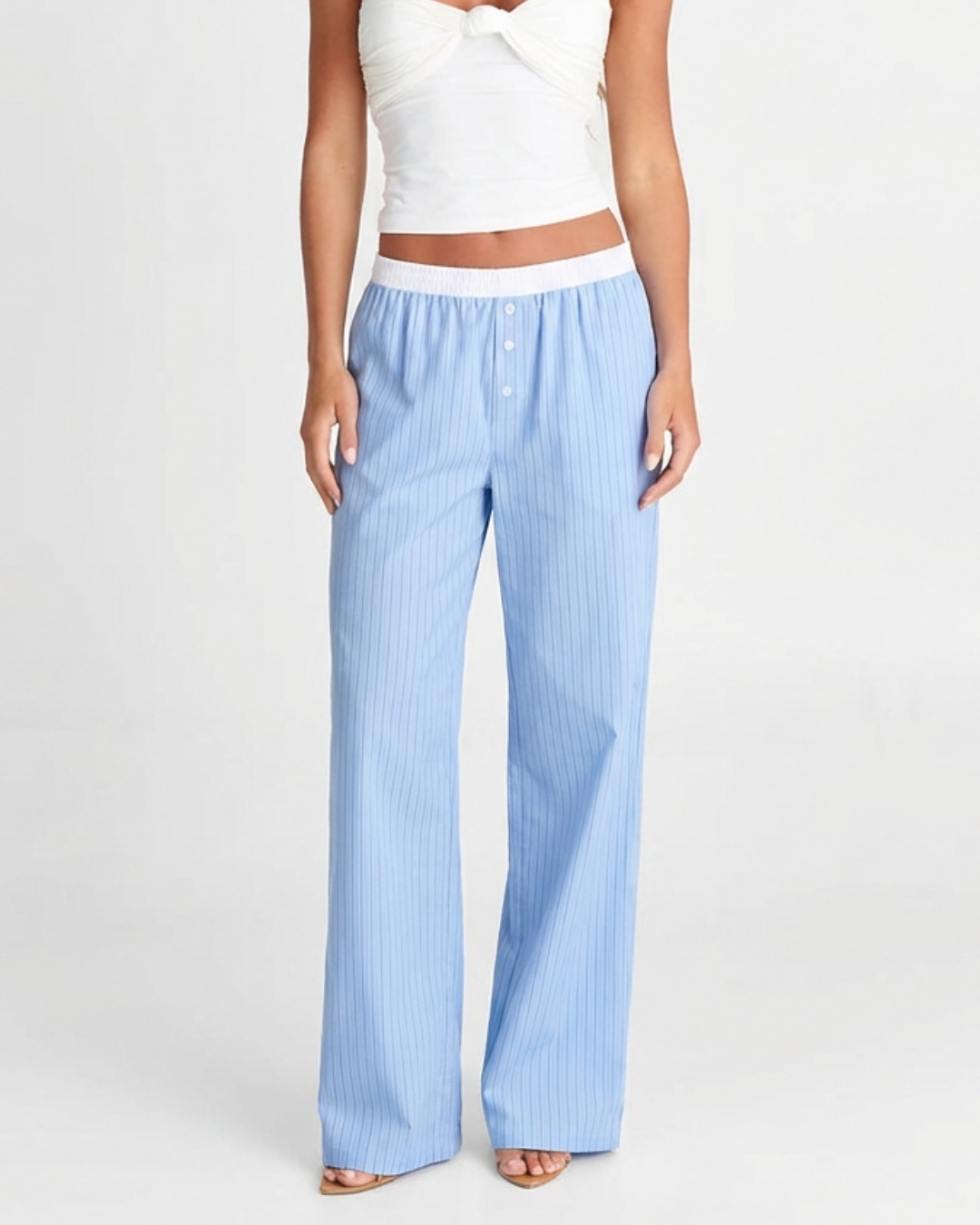 Charlotte | Button-Fly Striped Cotton Wide-Leg Trousers with Elasticated Waist