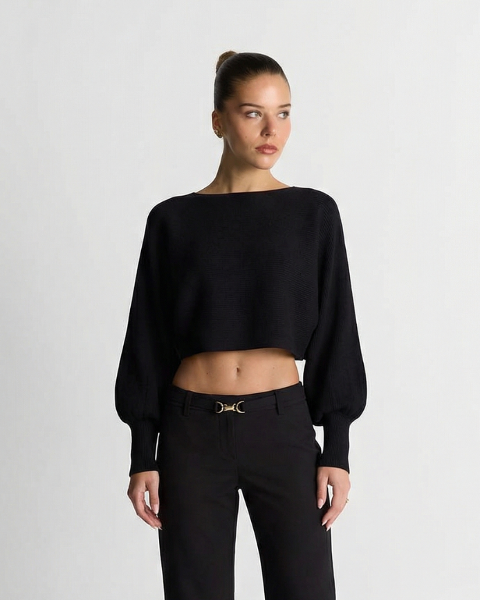 Florence | Wide Boat Neck Dropped Shoulder Voluminous Sleeve Ribbed Cropped Knit Top