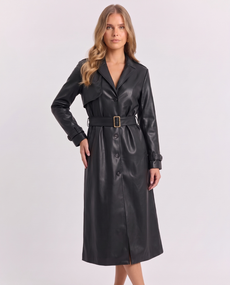 Nerissa | Women's Long Belted Trench Coat Burgundy and Black