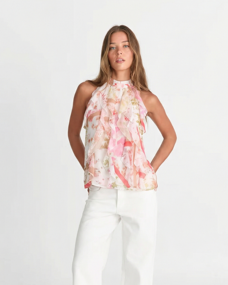 Lena | Floral Chiffon Ruffle Halter Top