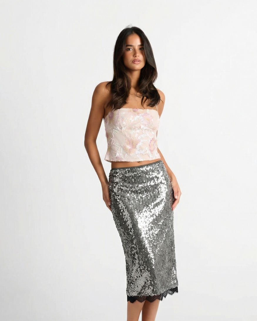 Jessica | Sequin Lace Hem Midi Skirt