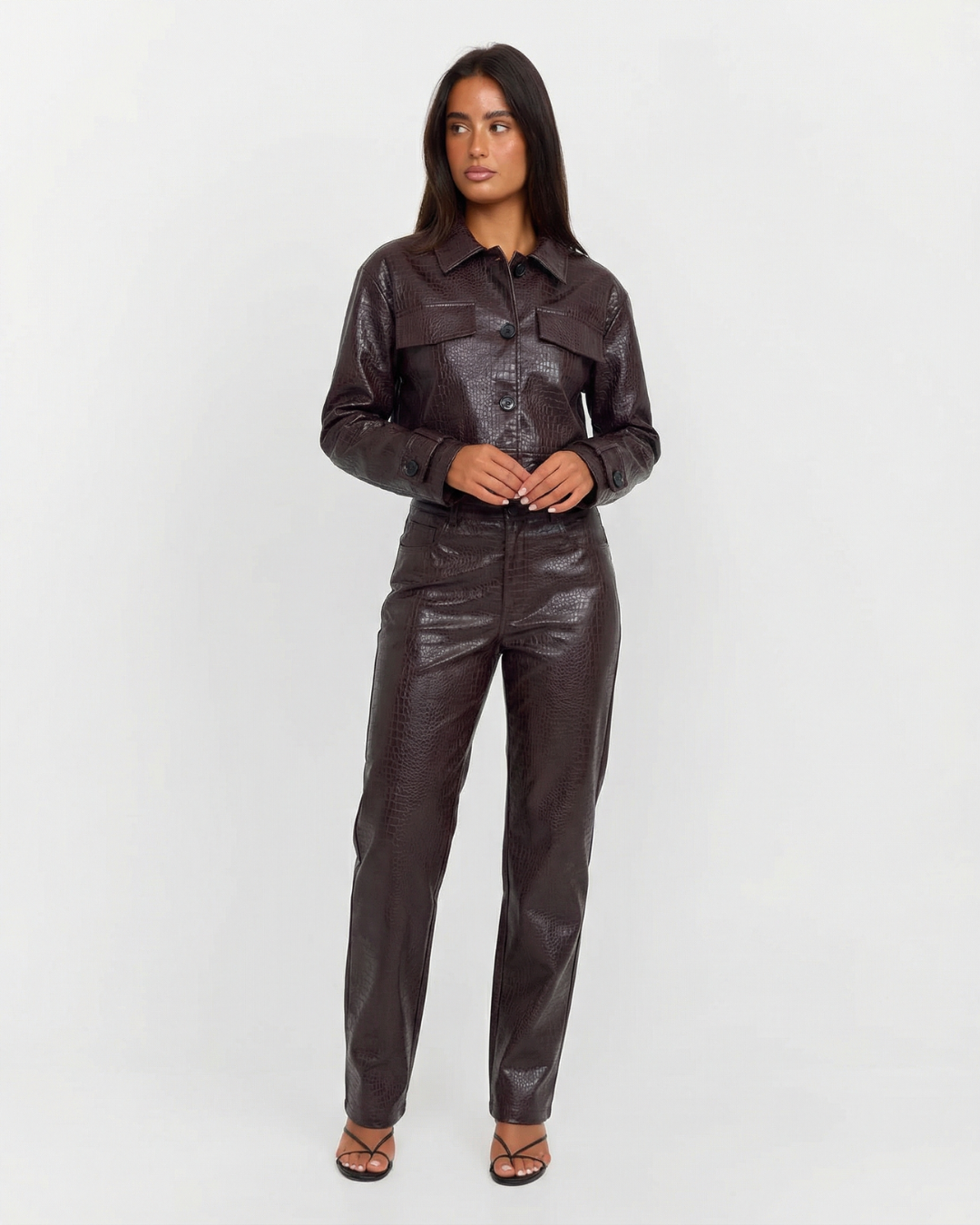 Maisie | Croc Embossed Faux Leather Jacket Trousers Set