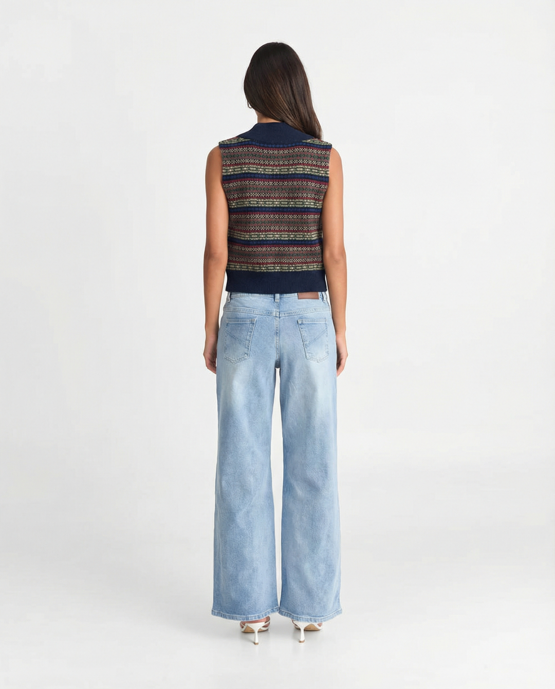 Sia | Knitted Vest Navy Fair Isle Print V Neck Sleeveless Buttoned