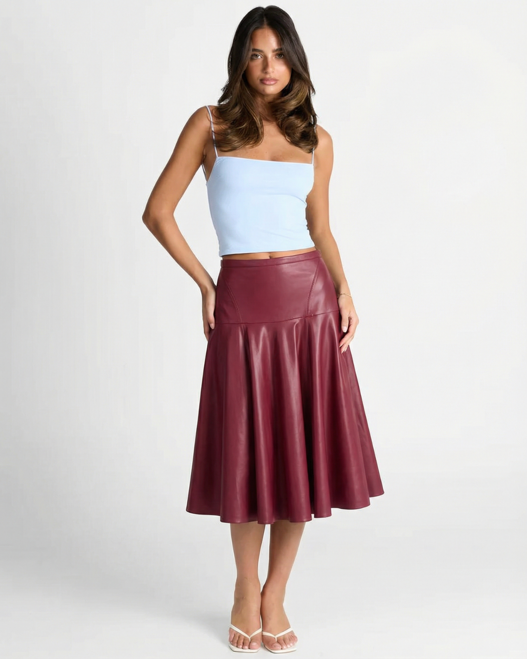 Tallulah | Flared A-Line Faux Leather Midi Skirt