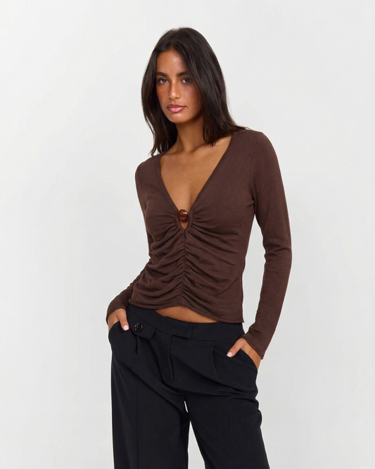 Fawn | Ruched Long Sleeve Top Brown V Neck