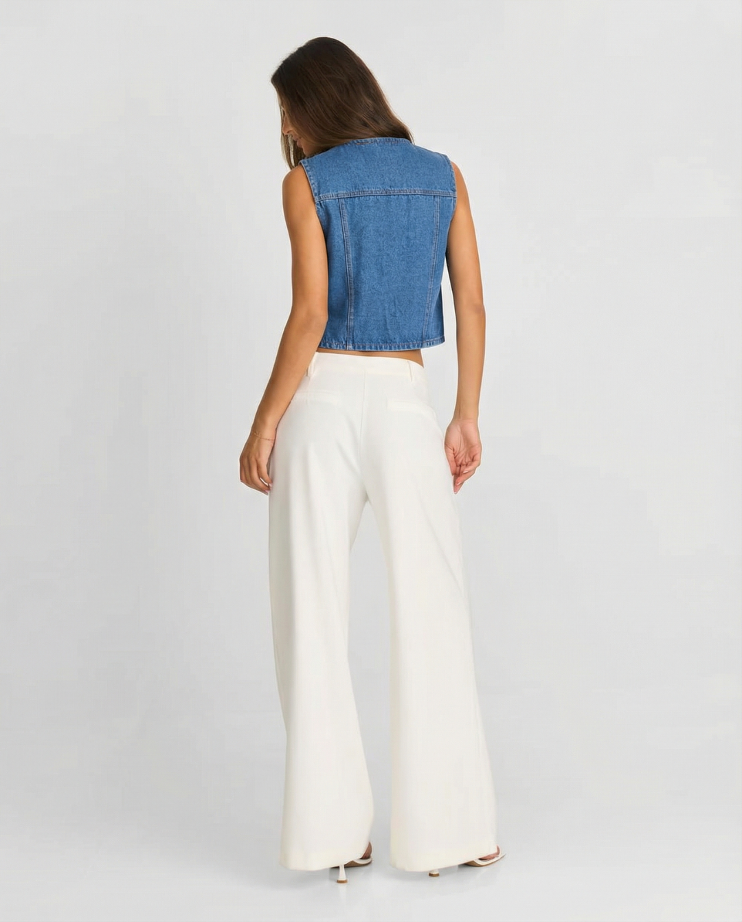 Sia | Cropped Vest Top Blue Denim Sleeveless Button Front Pockets