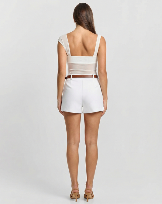 Lux | White Shorts Tailored High Waisted Belted A Line Mini