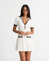 Amelia | Polo Collar Gold Button Patch Pocket Ribbed Knit Mini Shirt Dress
