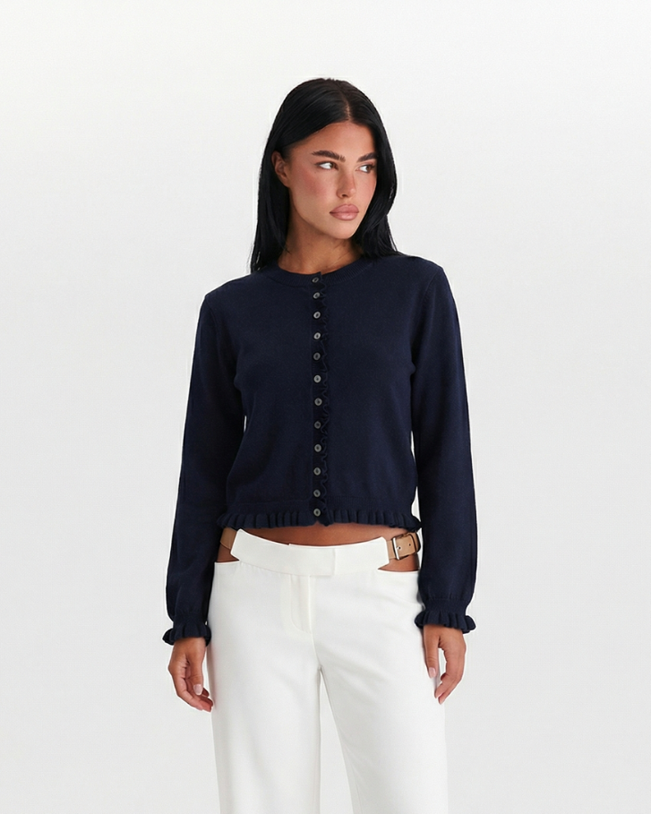 Sienna | Ruffle Trim Button Front Crew Neck Ruffled Cuff Cropped Knit Cardigan