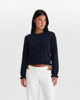 Sienna | Ruffle Trim Button Front Crew Neck Ruffled Cuff Cropped Knit Cardigan