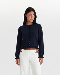 Sienna | Ruffle Trim Button Front Crew Neck Ruffled Cuff Cropped Knit Cardigan