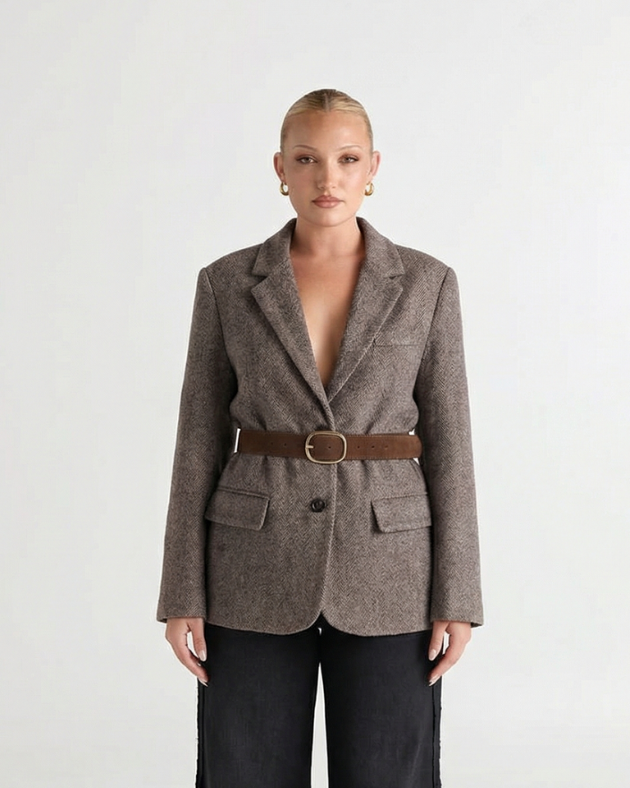 Saffron | Oversized Herringbone Belted Blazer