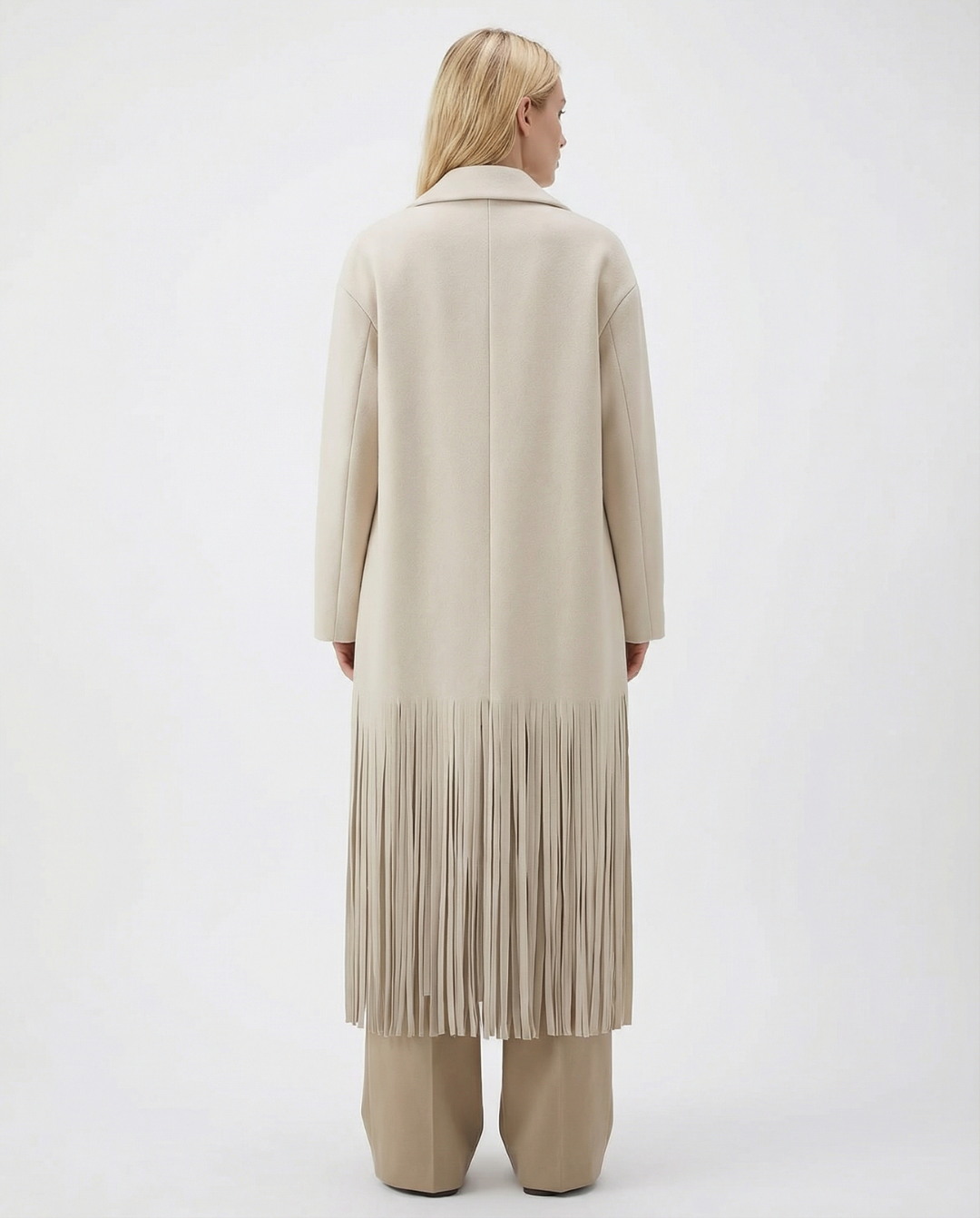 Nola | Elegant Longline Blazer Coat Cream Pleated Fringe