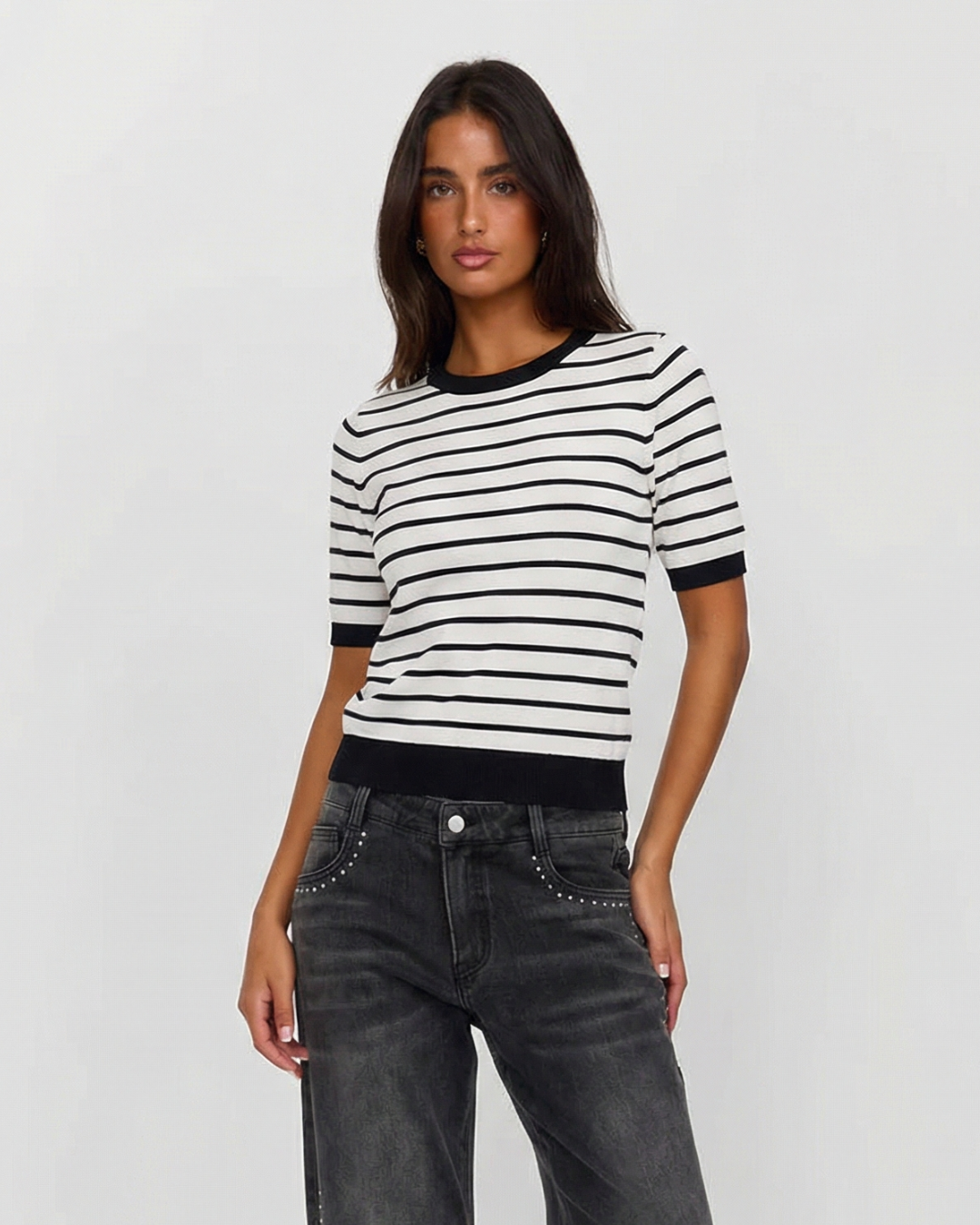 Nora | Black and White Stripe Contrasting Ribbed Trim Fitted Knit Top