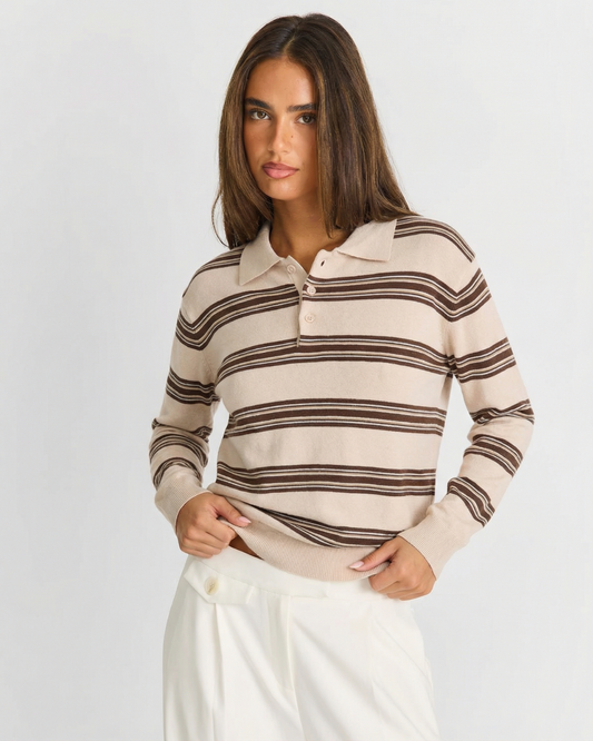 Grace | Classic Striped Knit Long Sleeve Polo Top
