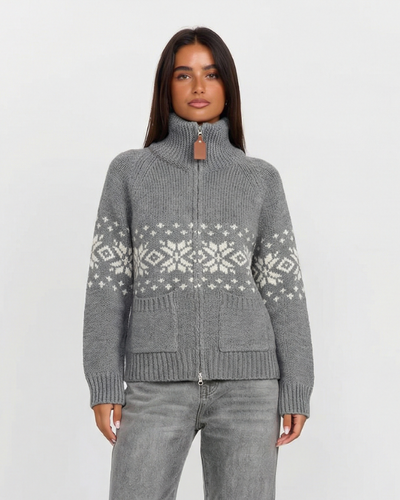 Lux | Winter Snowflake Zip Cardigan Grey White Knitted