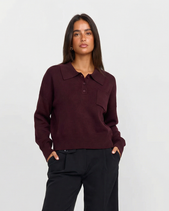Scarlett | Burgundy Knit Polo Jumper with Pocket Detail