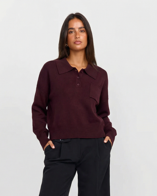Scarlett | Burgundy Knit Polo Jumper with Pocket Detail