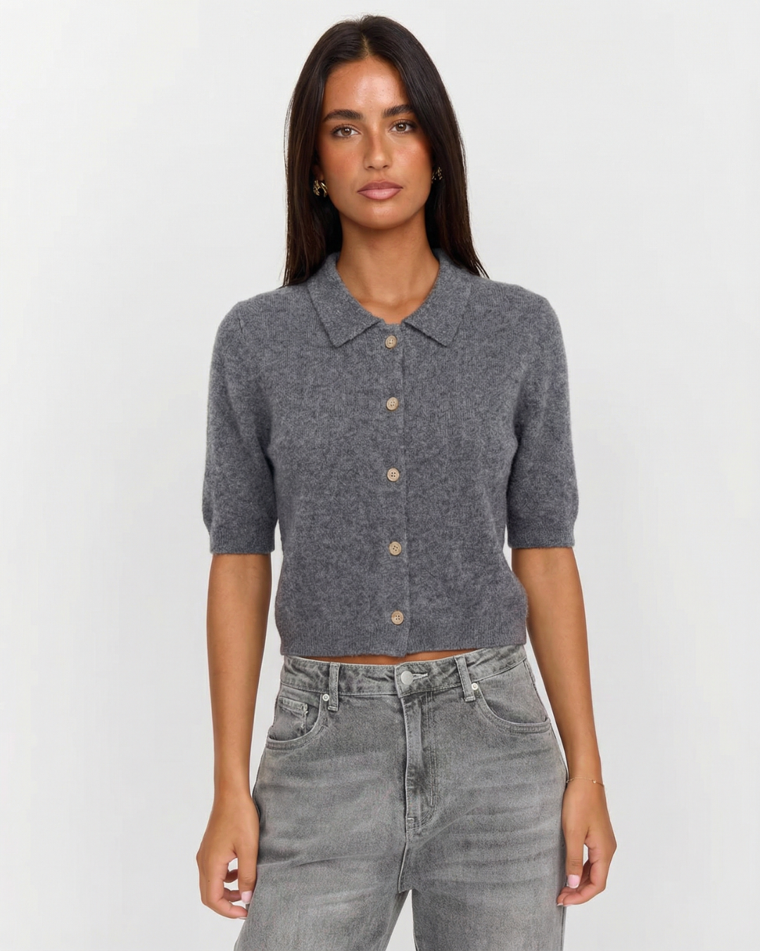 Ruby | Grey Cosy Short Sleeve Knit Polo Cardigan