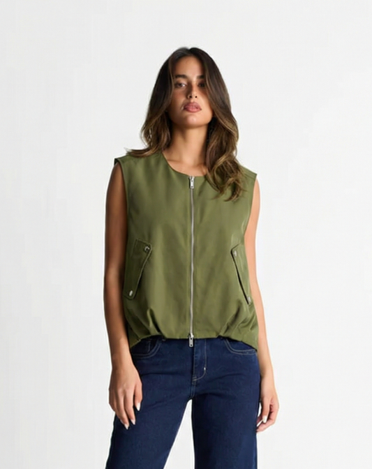 Fern | Utility Zip Vest Green Khaki Sleeveless Bomber