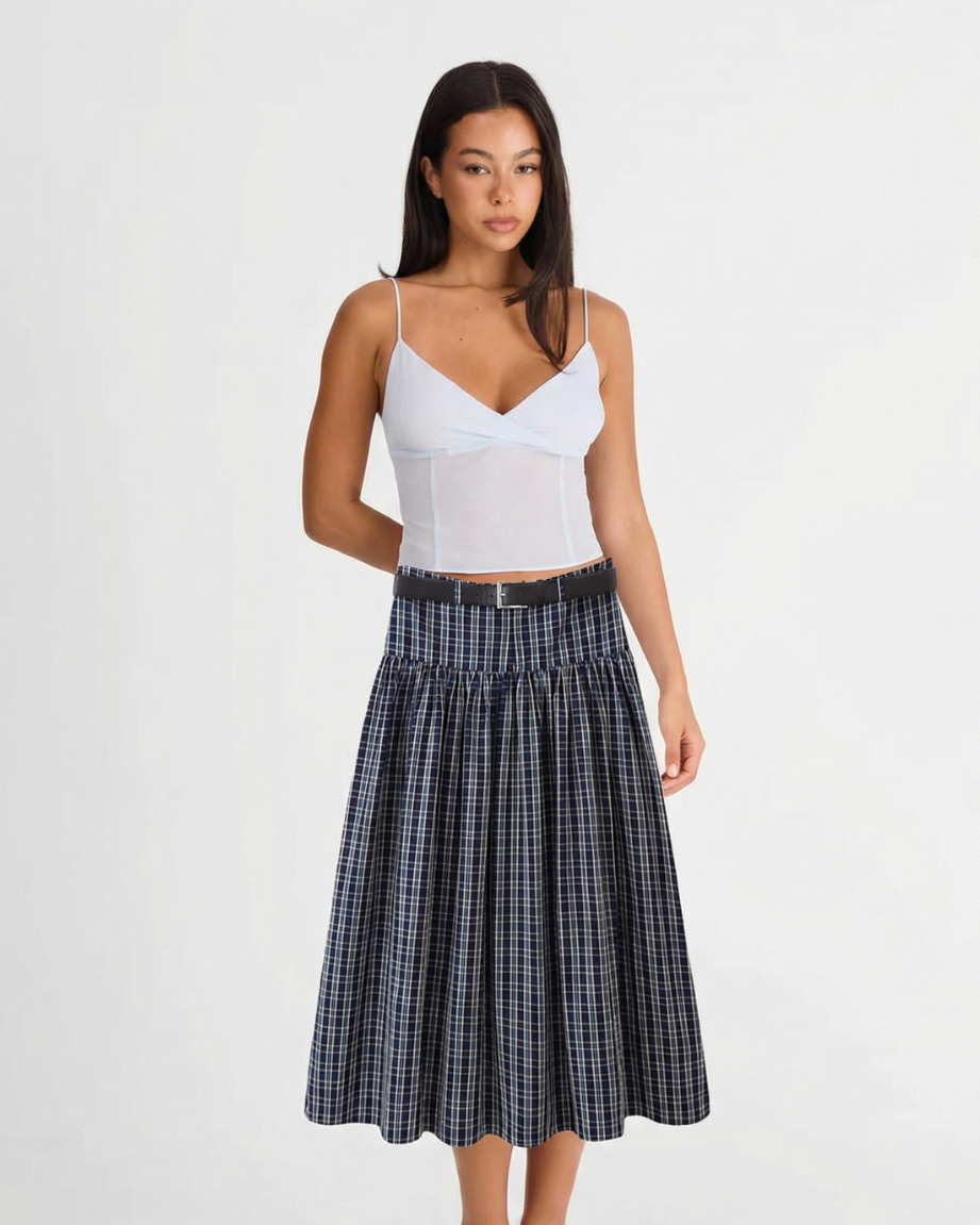 Tilly | Belted Plaid Pleated Midi Skirt
