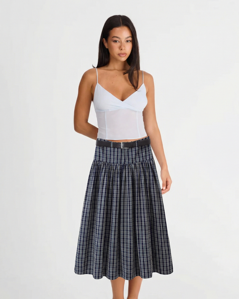 Tilly | Belted Plaid Pleated Midi Skirt