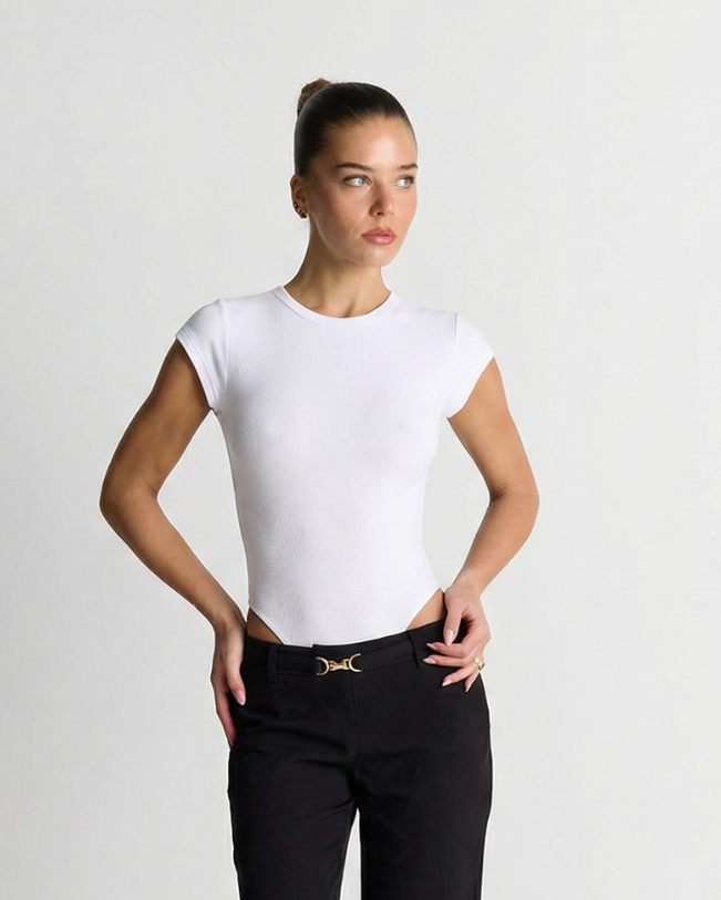 Ada | Crew Neck Bodysuit White Short Sleeve
