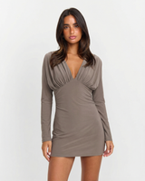 Tallulah | Deep V-Neck Draped Bodice Long Sleeve Bodycon Mini Dress