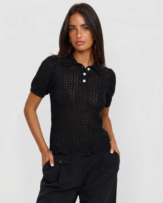 Amelia | Black Chic Crochet Knit Puff Sleeve Polo Top
