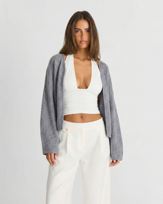 Alma | Casual Grey Cardigan Cropped Long Sleeve Open Front Knitted