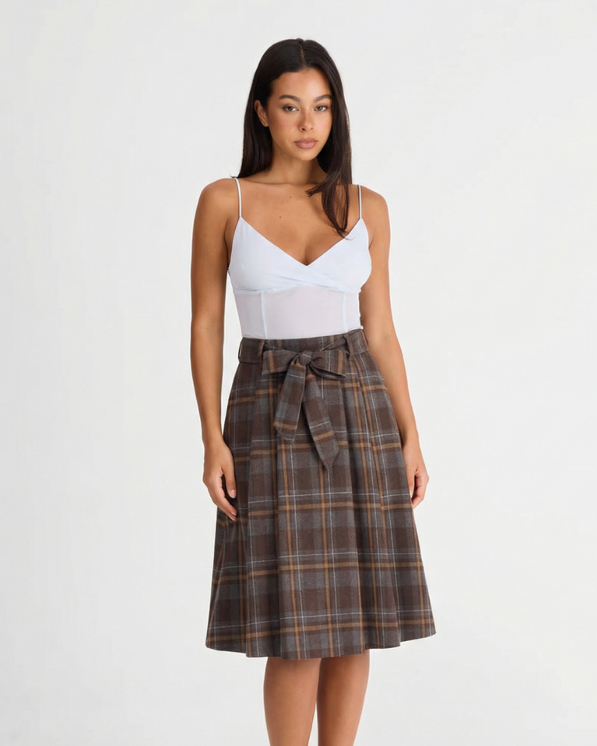 Iris | Pleated Plaid Midi Skirt