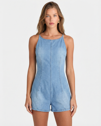 Allegra | Square Neck Spaghetti Strap Princess Seam Fitted Light Wash Denim Romper
