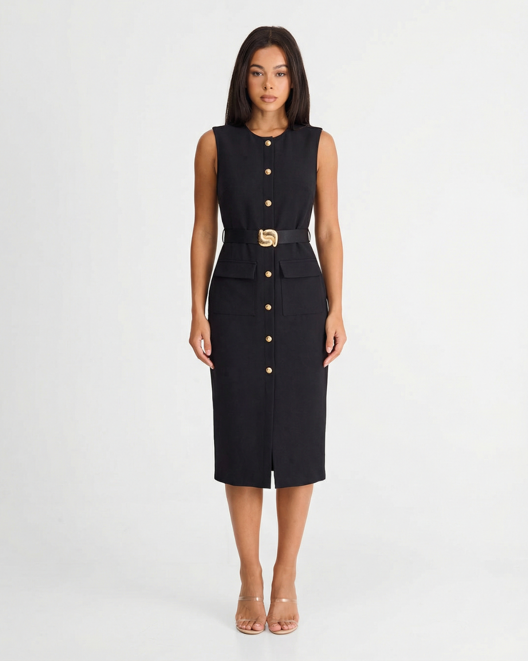 Ottilie | Gold Button Front Belted Patch Pocket Sleeveless Midi Shirt Dress