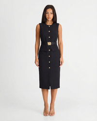 Ottilie | Gold Button Front Belted Patch Pocket Sleeveless Midi Shirt Dress