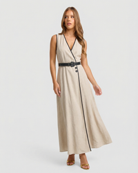 Adeline | V-Neck Wrap Front Contrast Piping Linen Maxi Dress